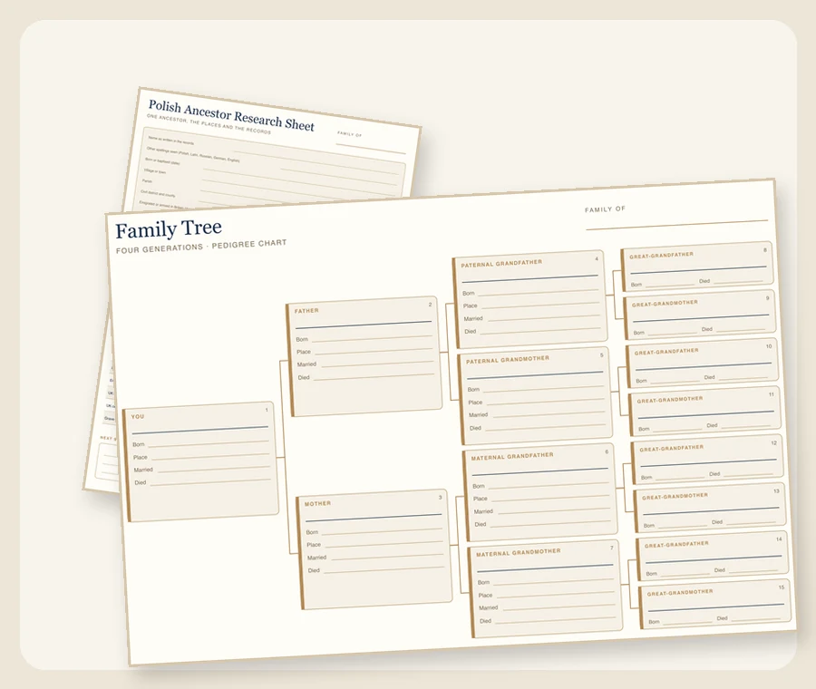 Preview of the family tree chart and research forms