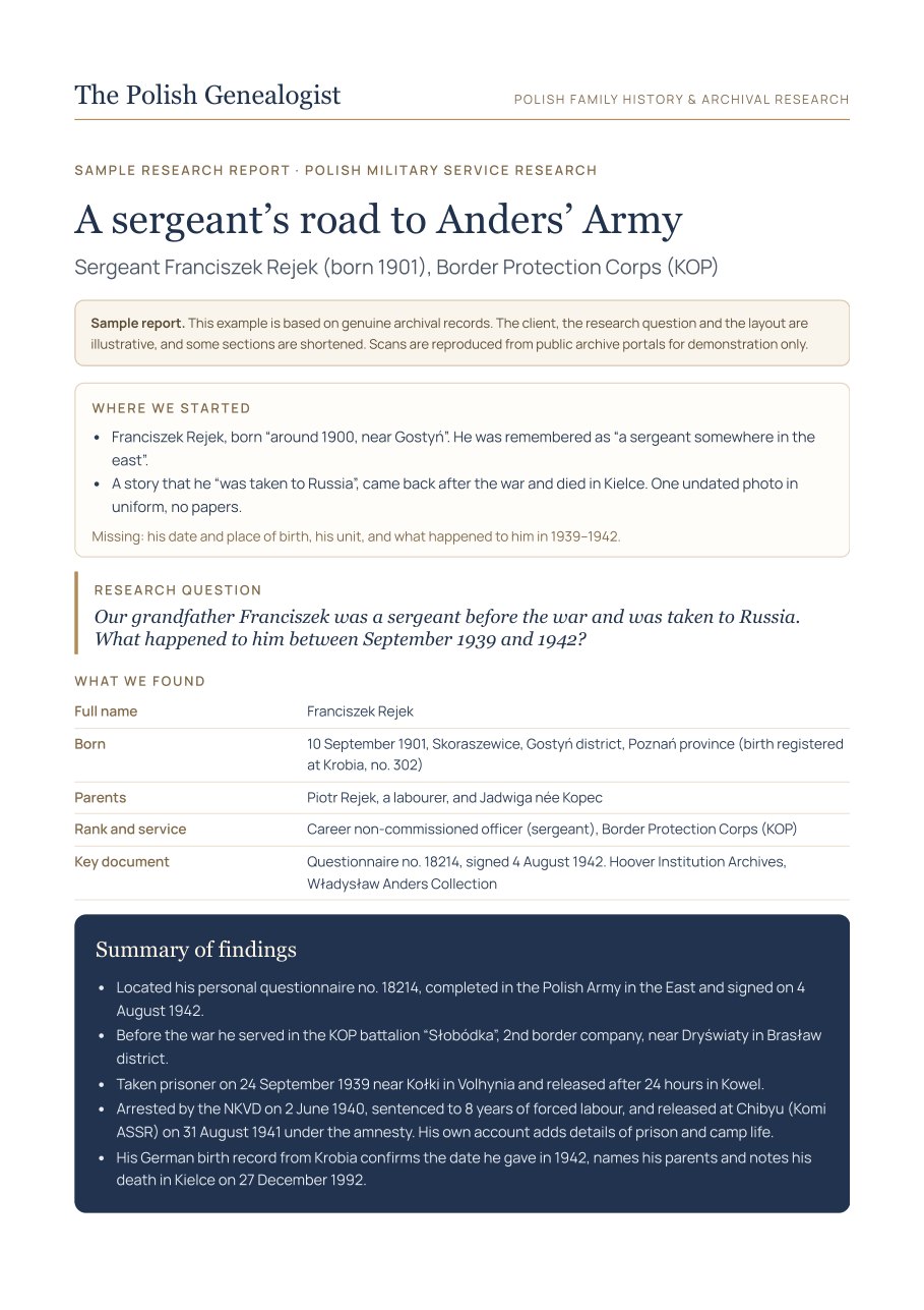 First page of the sample report: A sergeant’s road to Anders’ Army