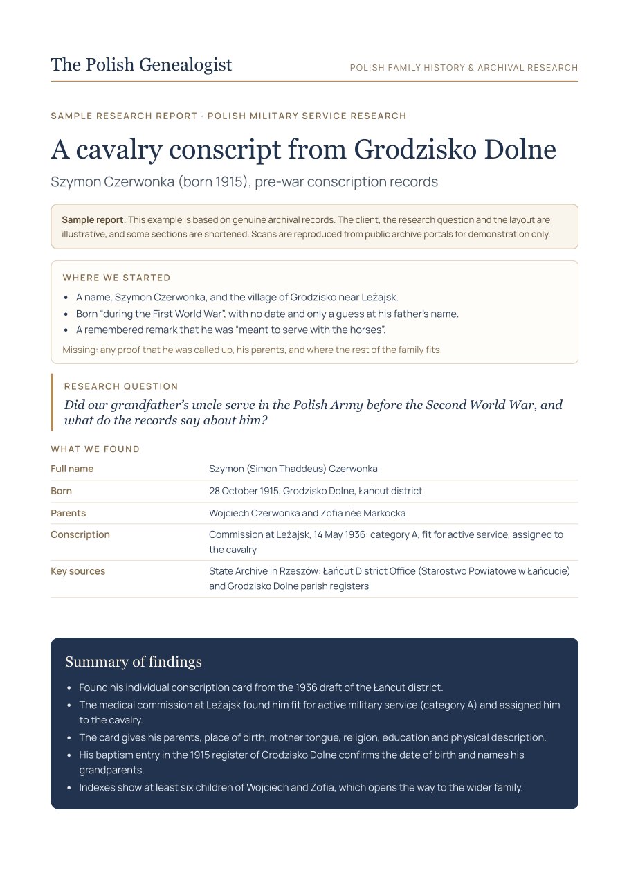 First page of the sample report: A cavalry conscript from Grodzisko Dolne