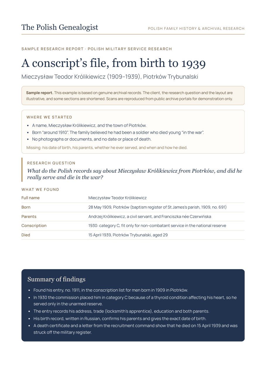 First page of the sample report: A conscript’s file, from birth to 1939