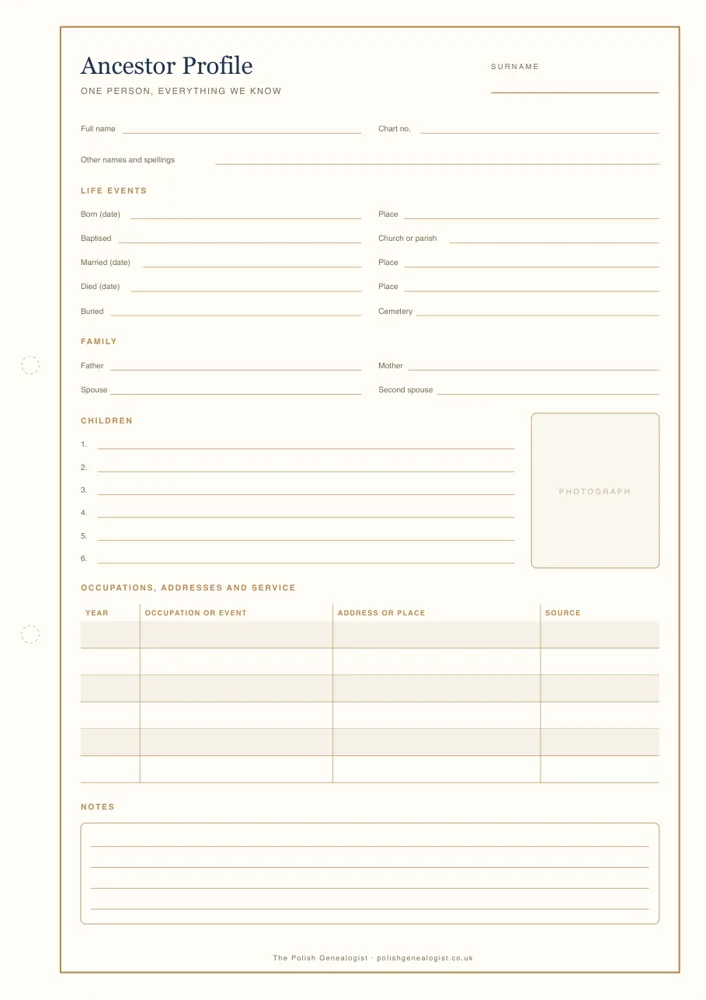 Printable ancestor profile form with life events, family, children and a timeline of addresses