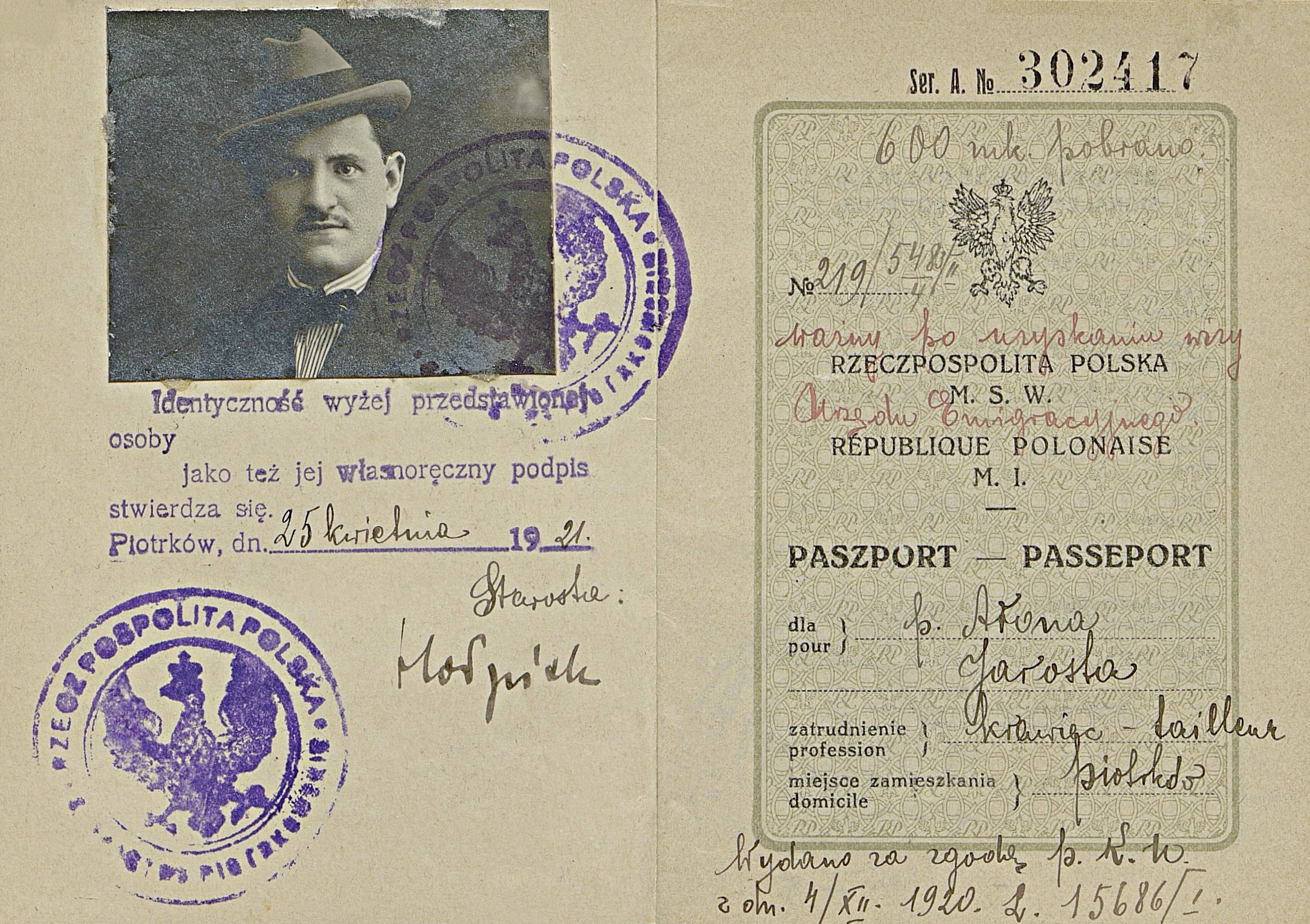 Passport portrait and identity pages naming a tailor resident in Piotrkow, with serial A 302417 and certification dated 25 April 1921