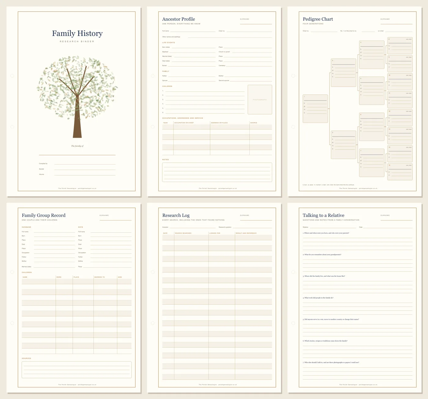 Printable genealogy forms for a family history binder: cover, ancestor profile, pedigree chart, family group record, research log and interview sheet