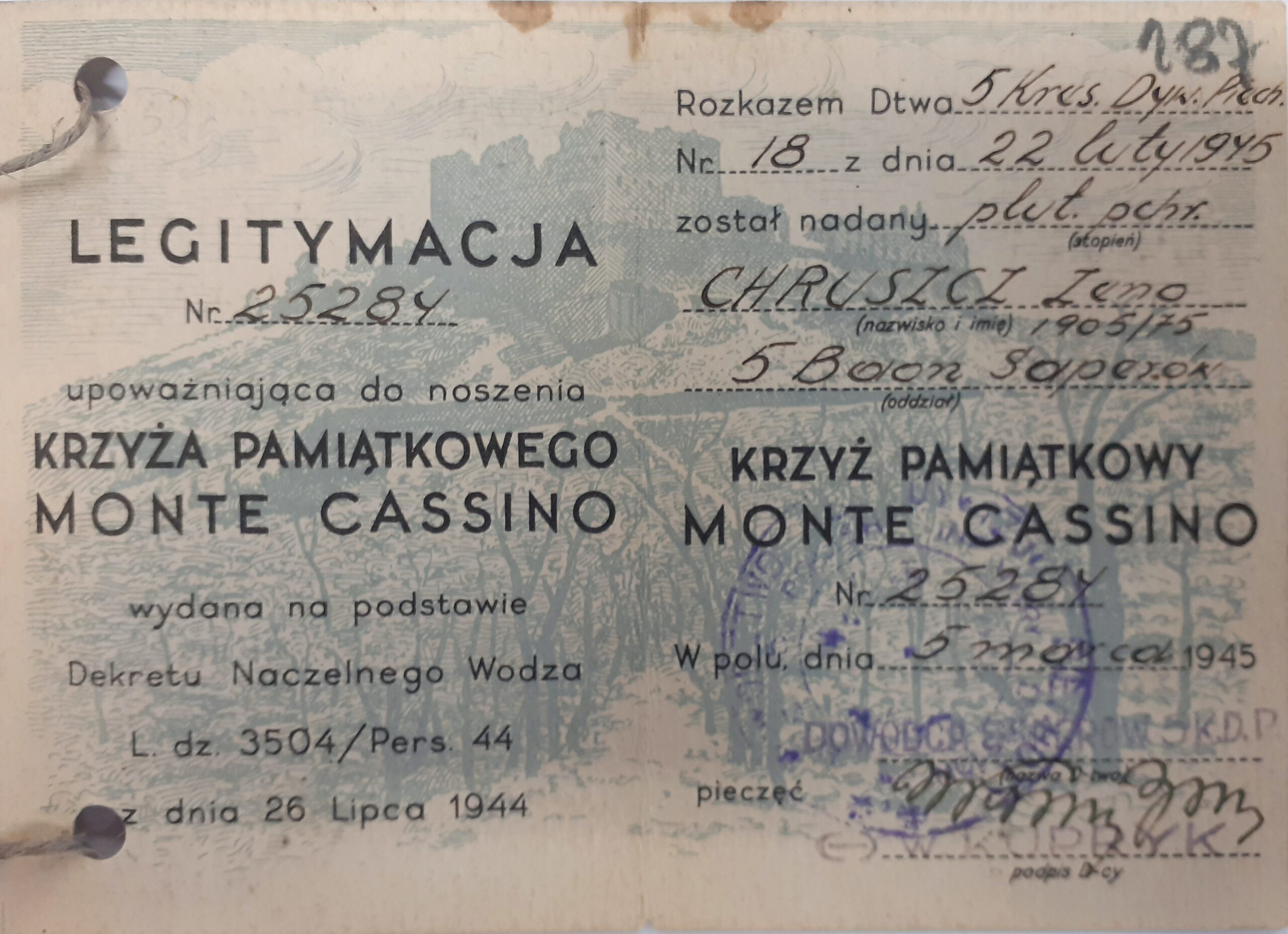 Inside Zenon Chruszcz's Monte Cassino Cross document showing his name, unit and award number