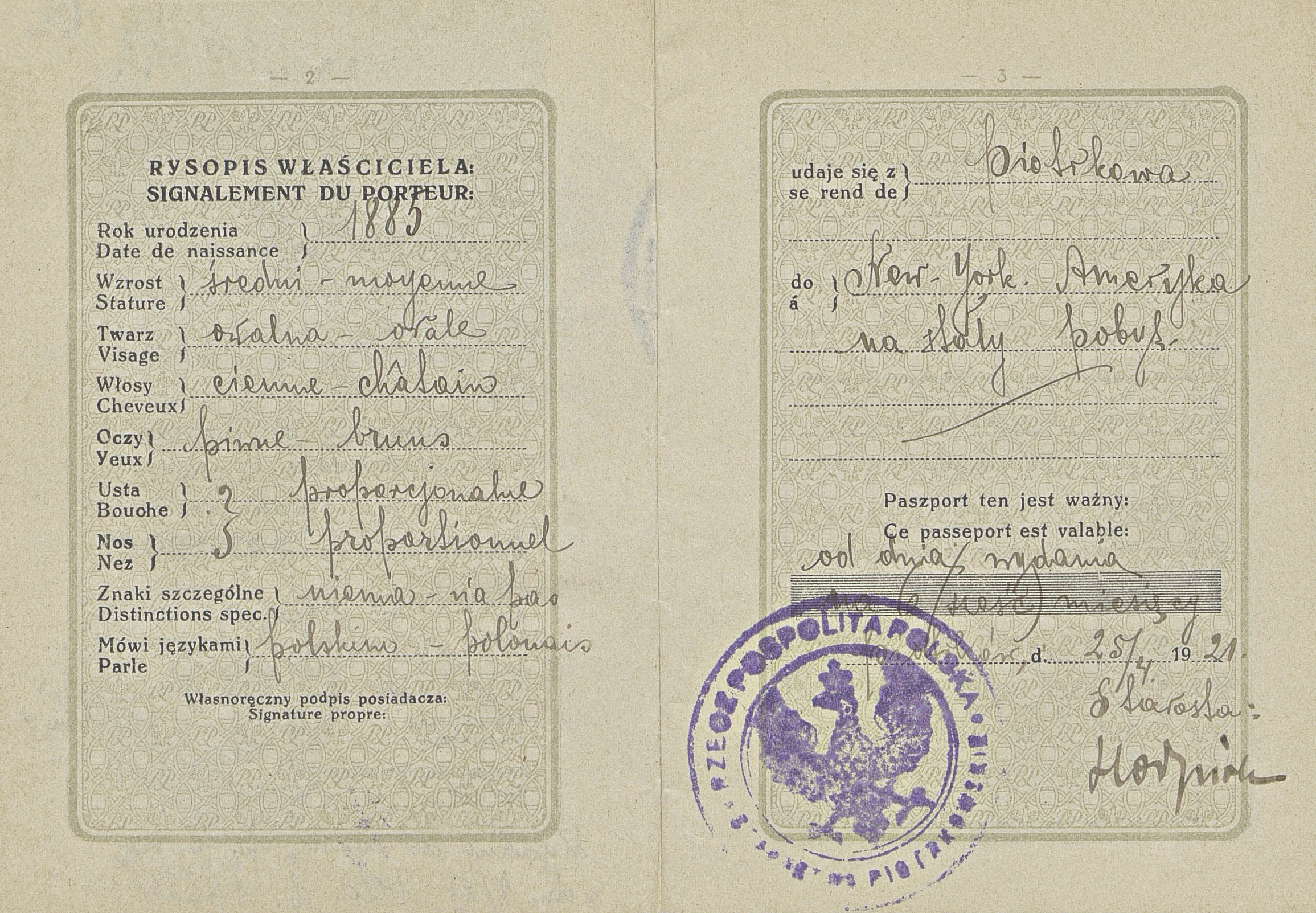 Polish and French passport pages with birth year 1885, physical description, Polish language and permanent-stay destination New York