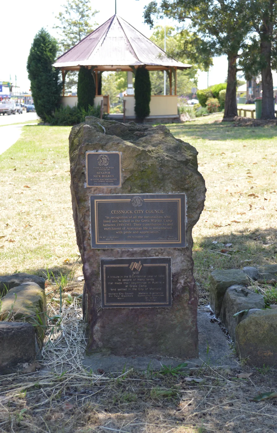 Stone monument commemorating Greta Migrant Camp in New South Wales, photographed in 2015.