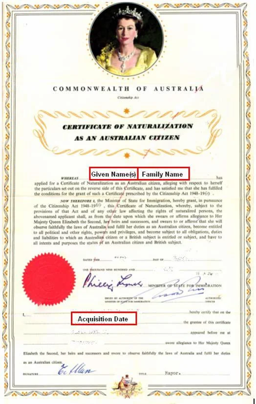 Example Australian naturalisation certificate format used for female applicants without children between 1955 and 1970.