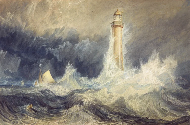 Turner's 1819 watercolour of Bell Rock Lighthouse in rough seas.